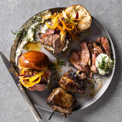 Lamb espetada amagwinya with tzatziki and quick carrot pickle